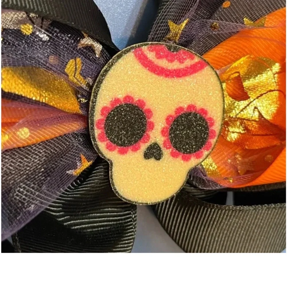💀 NEW Sparkly Sugar Skull Halloween Hair Bow – Orange & Black